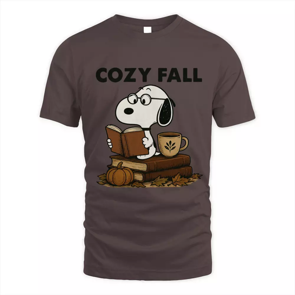 Cozy Fall Reading Tee Pumpkin Leaf Cute Dog