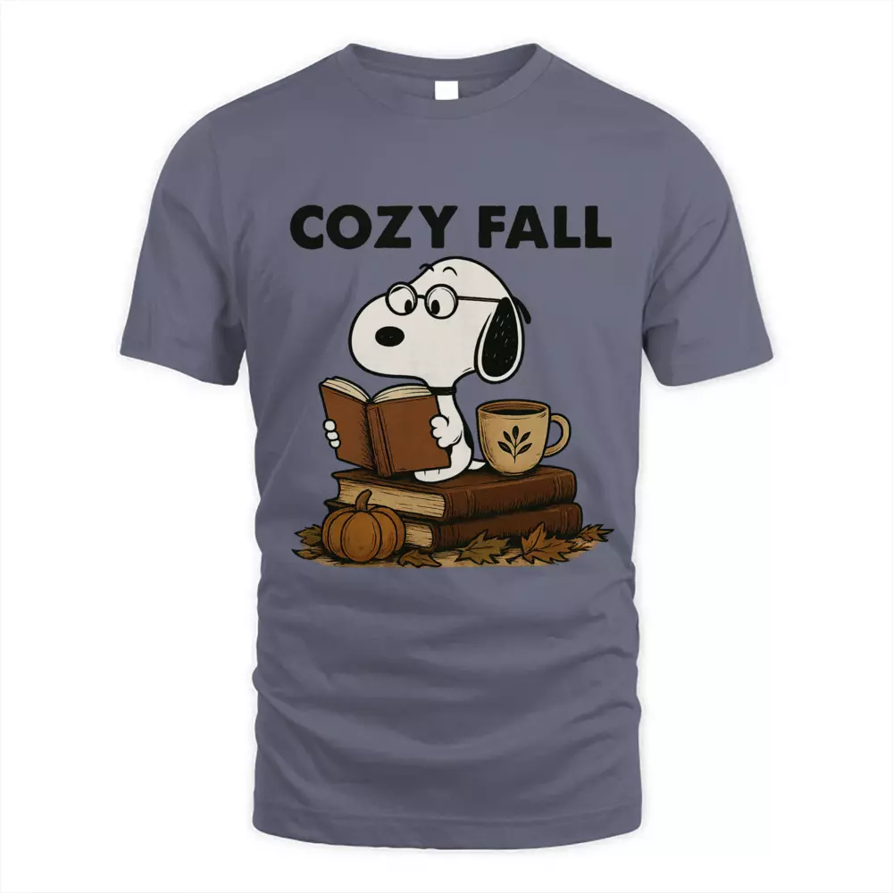 Cozy Fall Reading Tee Pumpkin Leaf Cute Dog