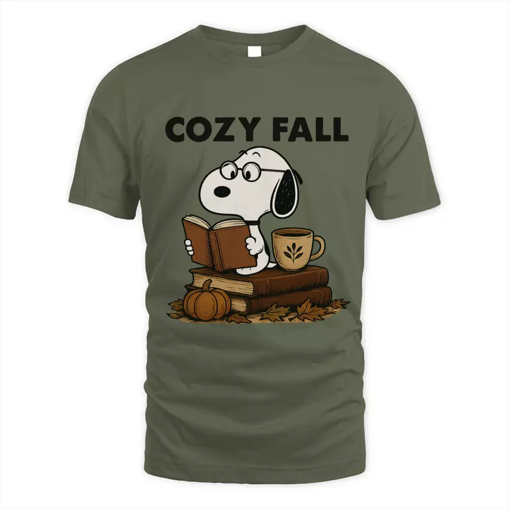 Cozy Fall Reading Tee Pumpkin Leaf Cute Dog