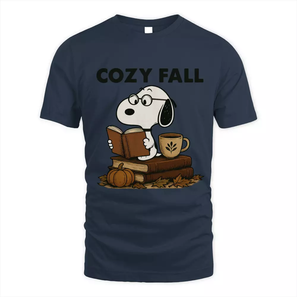 Cozy Fall Reading Tee Pumpkin Leaf Cute Dog