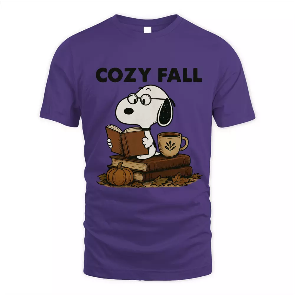 Cozy Fall Reading Tee Pumpkin Leaf Cute Dog