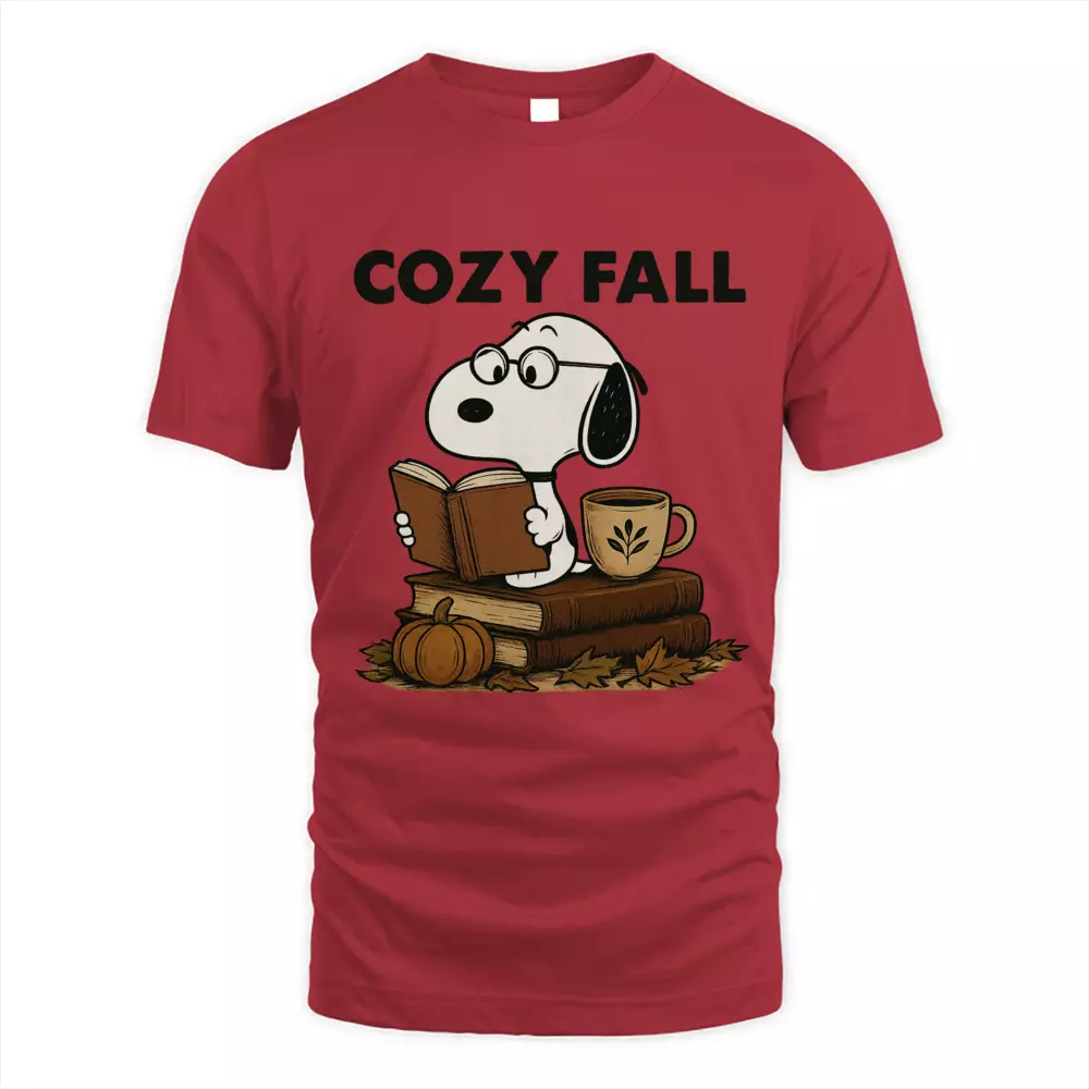 Cozy Fall Reading Tee Pumpkin Leaf Cute Dog