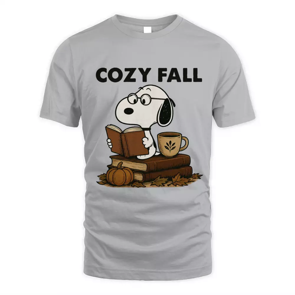 Cozy Fall Reading Tee Pumpkin Leaf Cute Dog